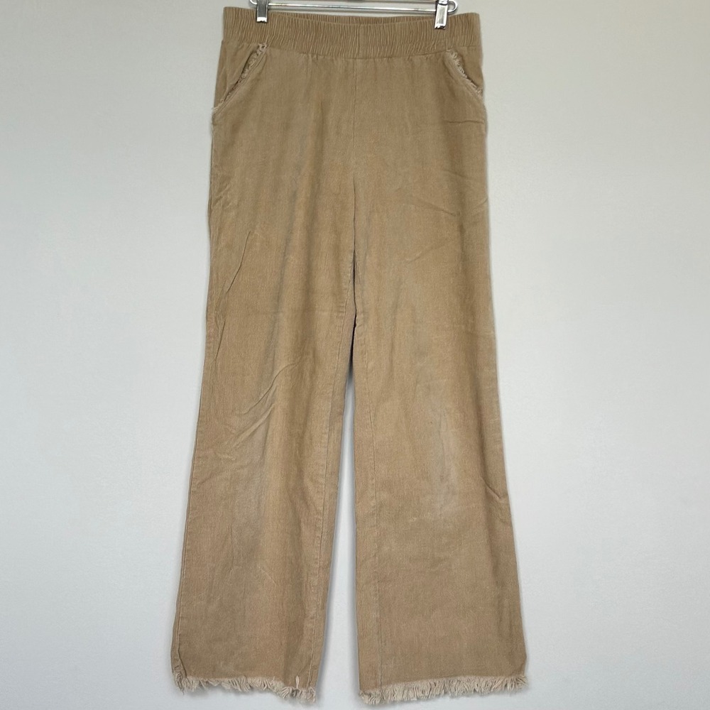 Umgee Tan Corduroy Wide Leg Frayed Fringe Hem Pants Womens Medium Boho Elastic